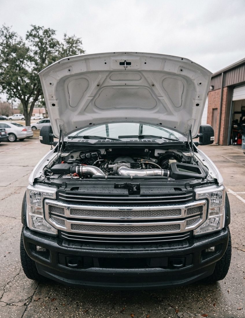 Ford F150 engine bay showing cold air intake upgrade